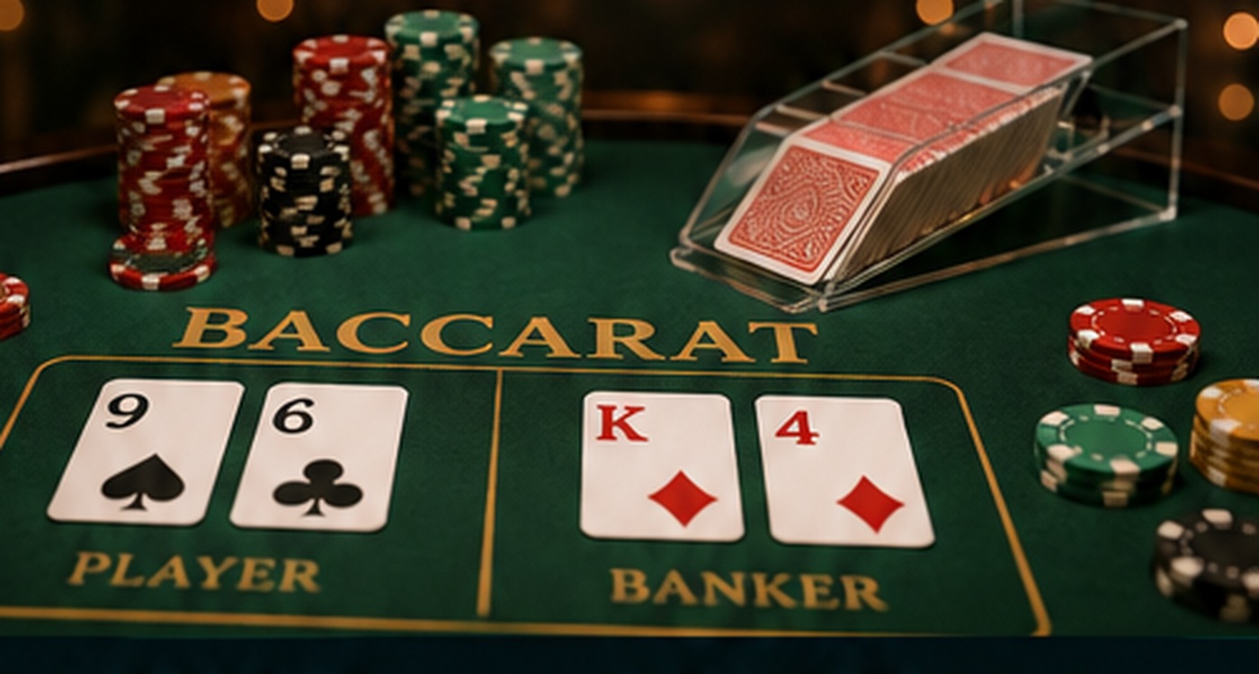 Baccarat cards and casino chips on a green table
