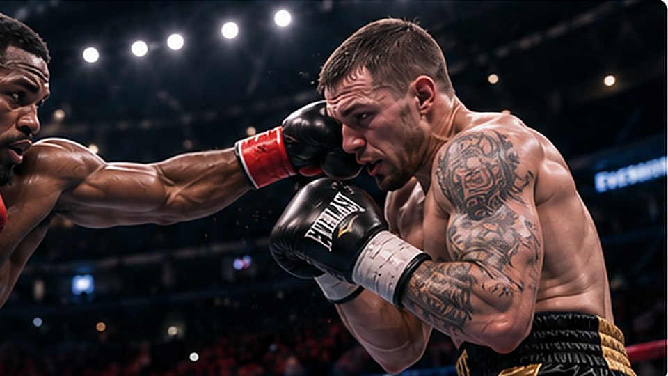 Two professional boxers exchanging punches under arena lights during a competitive matchup