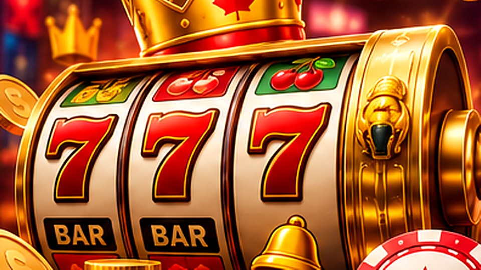 Gold slot machine with classic sevens and subtle Canadian styling