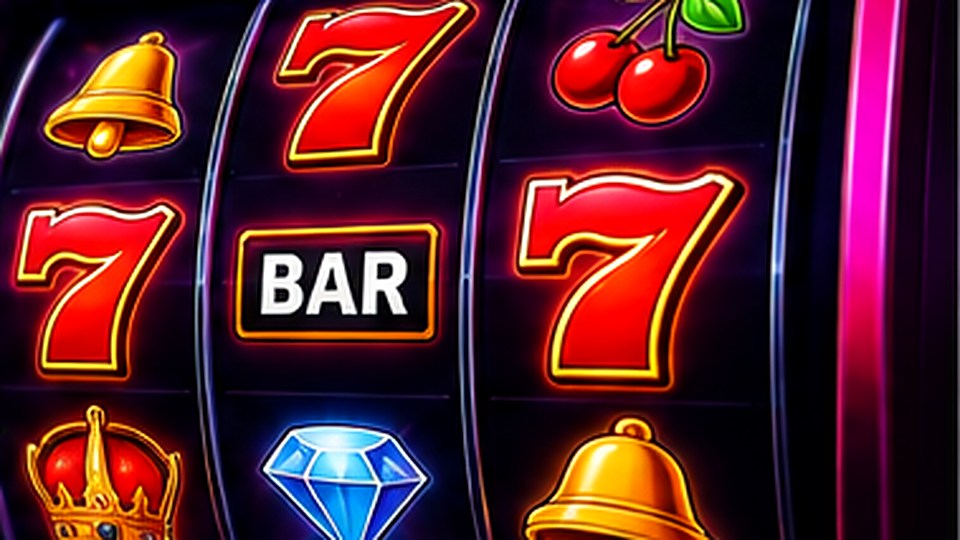 Premium close-up of illuminated slot reels with seven, cherry, bell and gem symbols