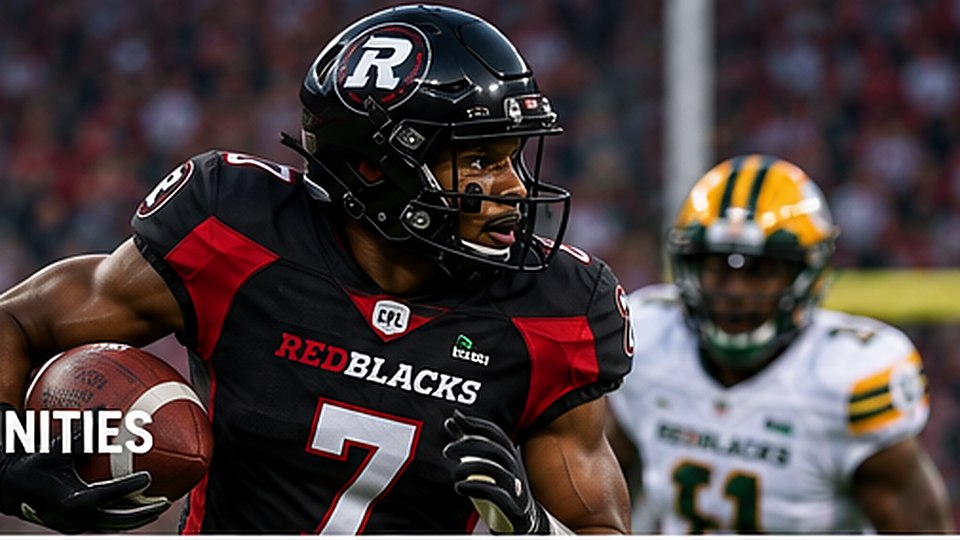Canadian football quarterback carrying the ball during game action under stadium lights