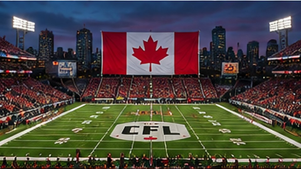 Canadian football stadium at game time with a red and white national flag displayed above the field