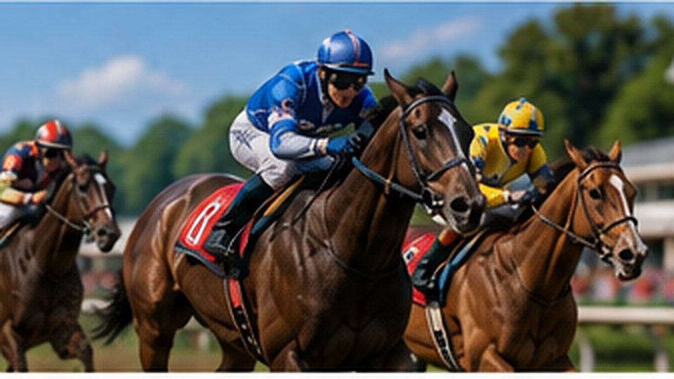 Thoroughbred horses and jockeys racing closely on a sunny track