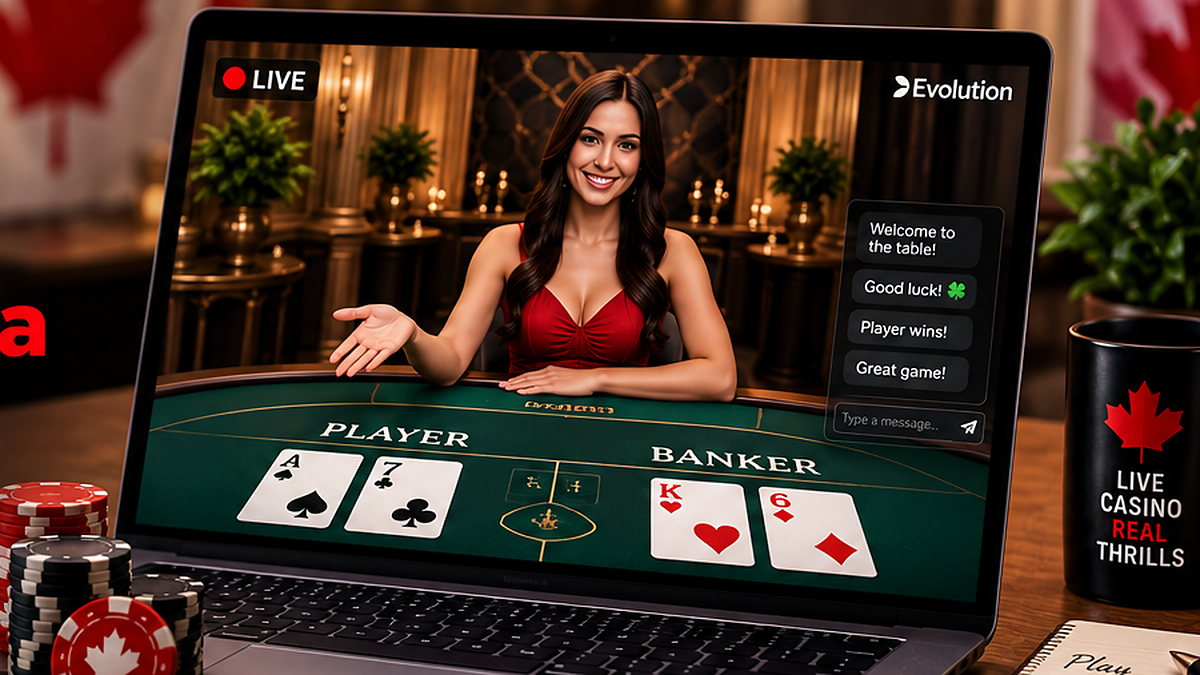 Live dealer casino game streamed on a laptop in a Canadian-themed home setting