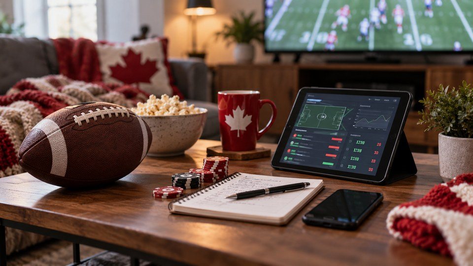Canadian-style football game-day scene with notebook, betting tablet, popcorn and a pre-planned bankroll setup