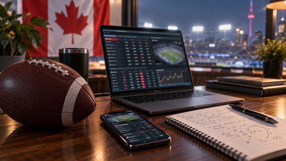 American football betting analysis desk with laptop, phone, notebook and a Canadian flag in the background