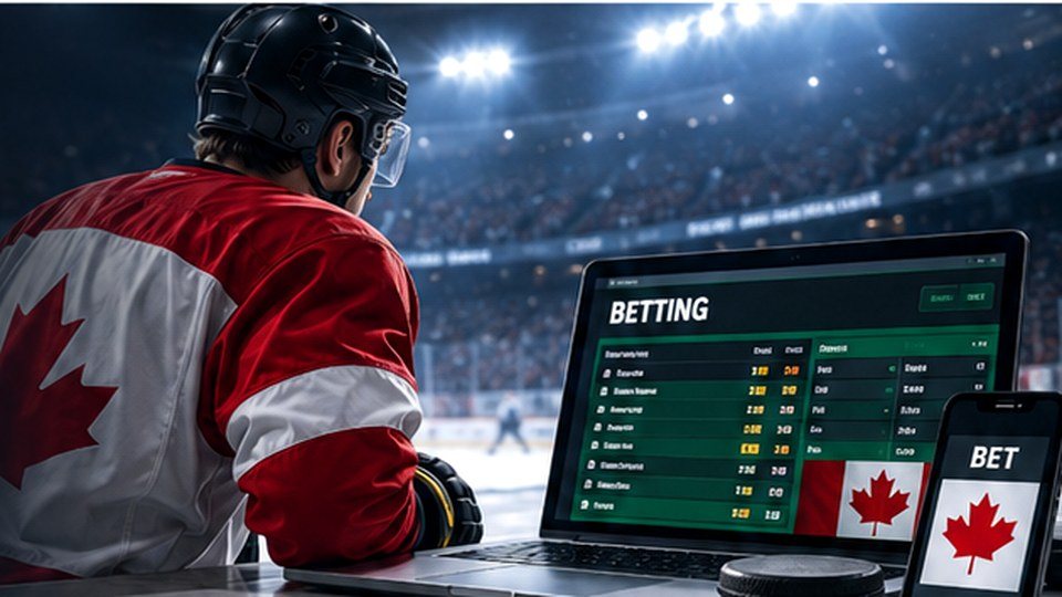 Canadian hockey betting analysis setup beside an ice rink with a laptop, phone and hockey puck