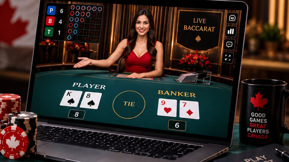 Live online baccarat displayed on a laptop in a Canadian-themed home setting