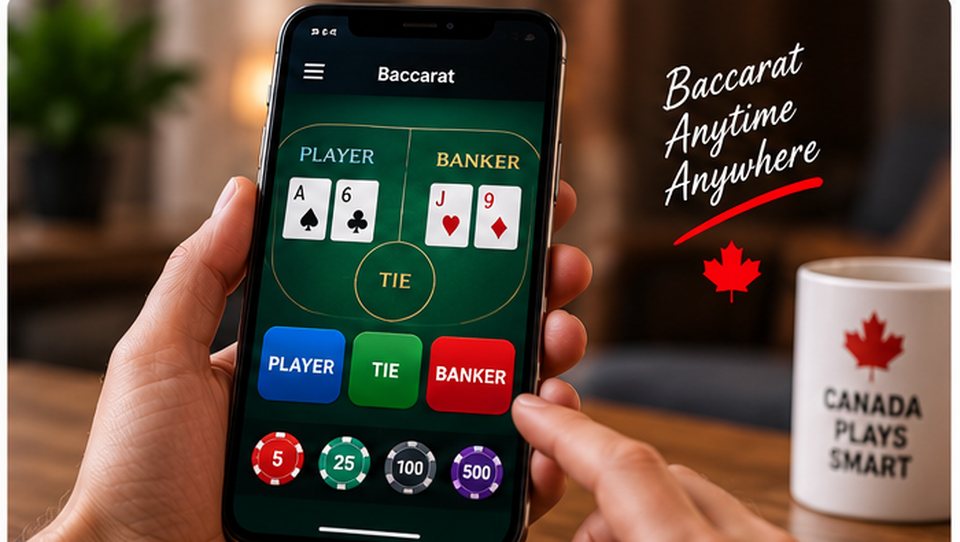 Online baccarat on a smartphone with a Canadian-themed background