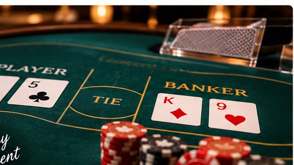 Baccarat table with Player, Banker and Tie areas, cards and casino chips