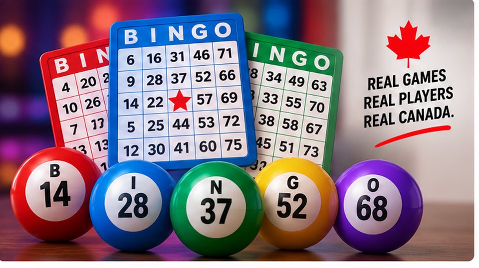 Colourful bingo cards and numbered balls in a clean Canadian-themed setup