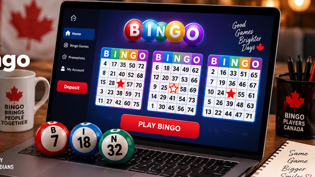 Online bingo displayed on a laptop in a Canadian-themed home setting