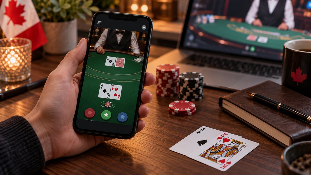Online blackjack on laptop and mobile devices in a Canadian-themed setting