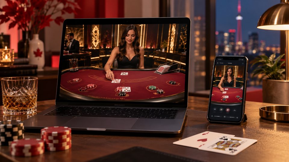 Mobile online blackjack beside a laptop, chips and cards in a Canadian-themed home setup