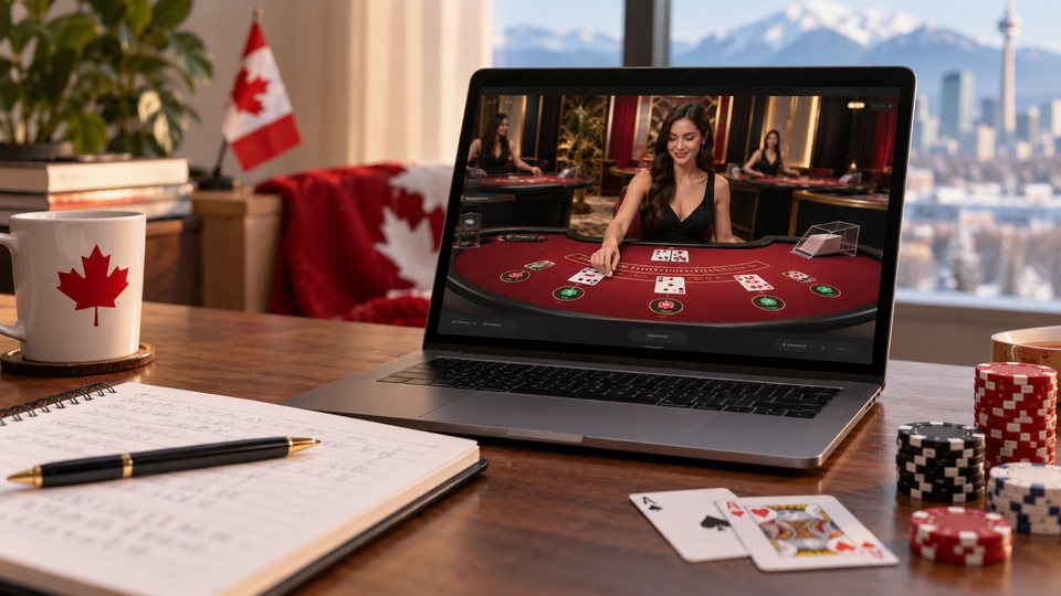 Laptop blackjack session with notebook, chips and cards in a Canadian home office