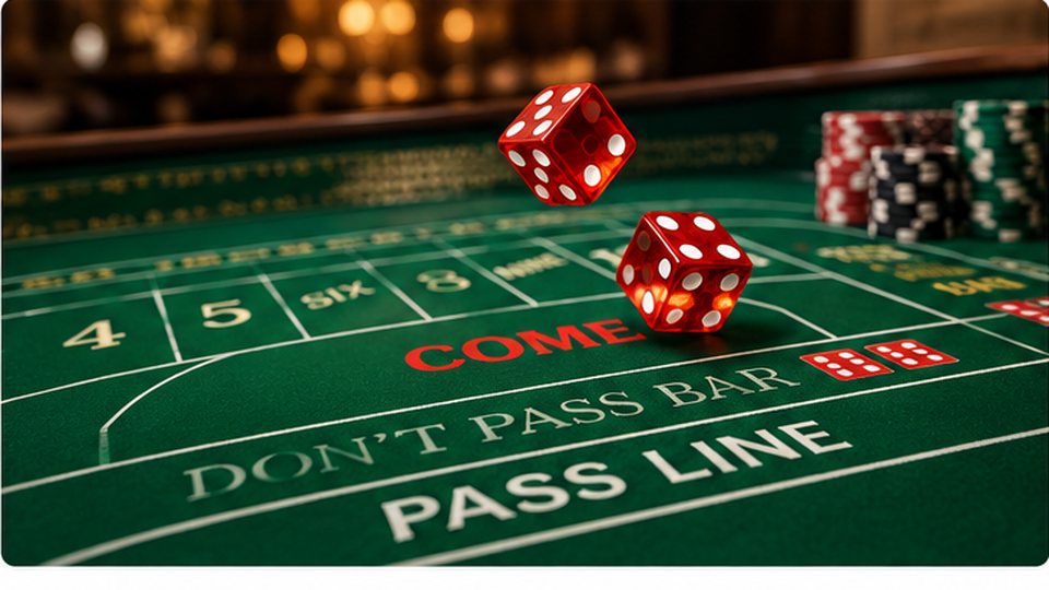 Red dice above a green craps table with pass line markings and casino chips