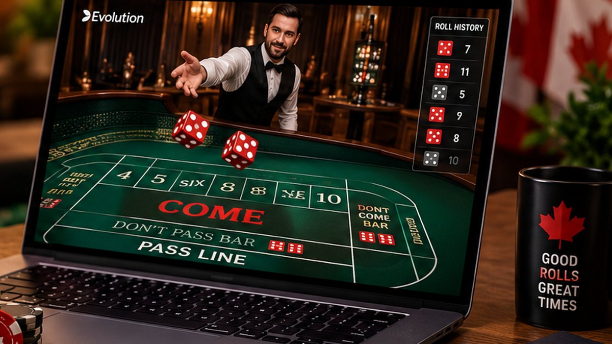 Online craps on a laptop with dice, chips and Canadian-themed details
