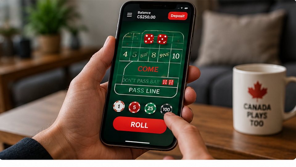 Canadian player using an online craps game on a smartphone at home