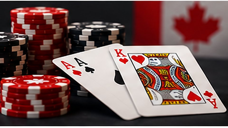 Poker chips and playing cards beside a laptop with a Canadian flag in the background
