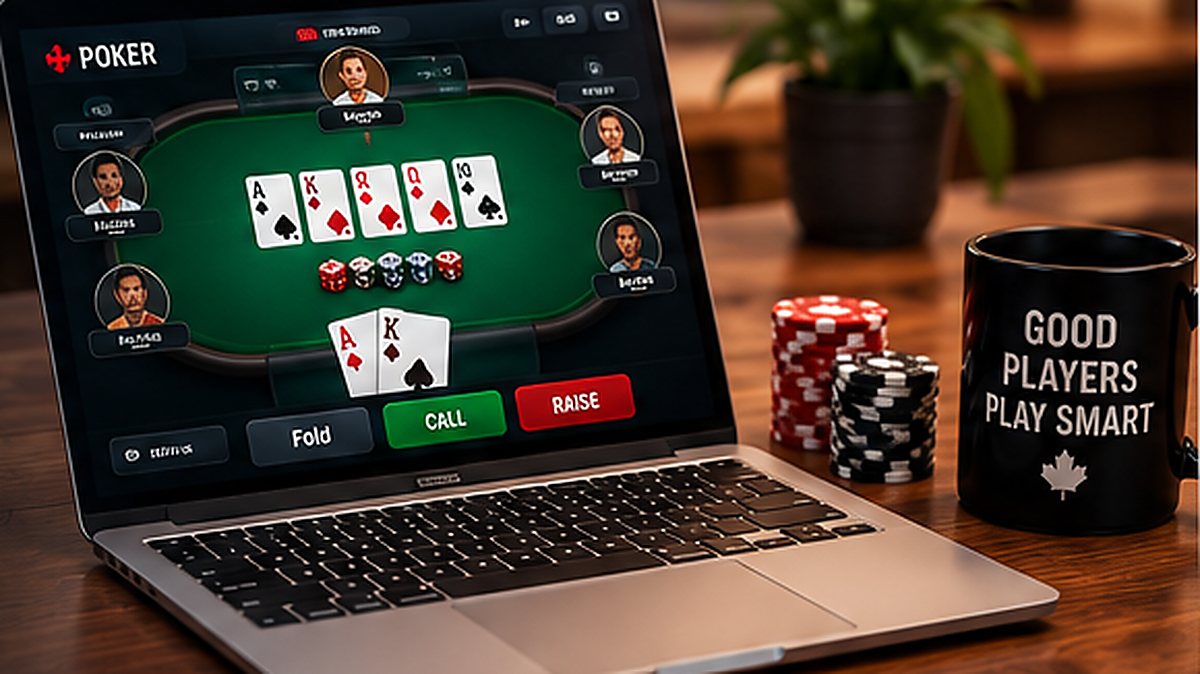 Online poker table on a laptop with chips in a Canadian-themed home setting