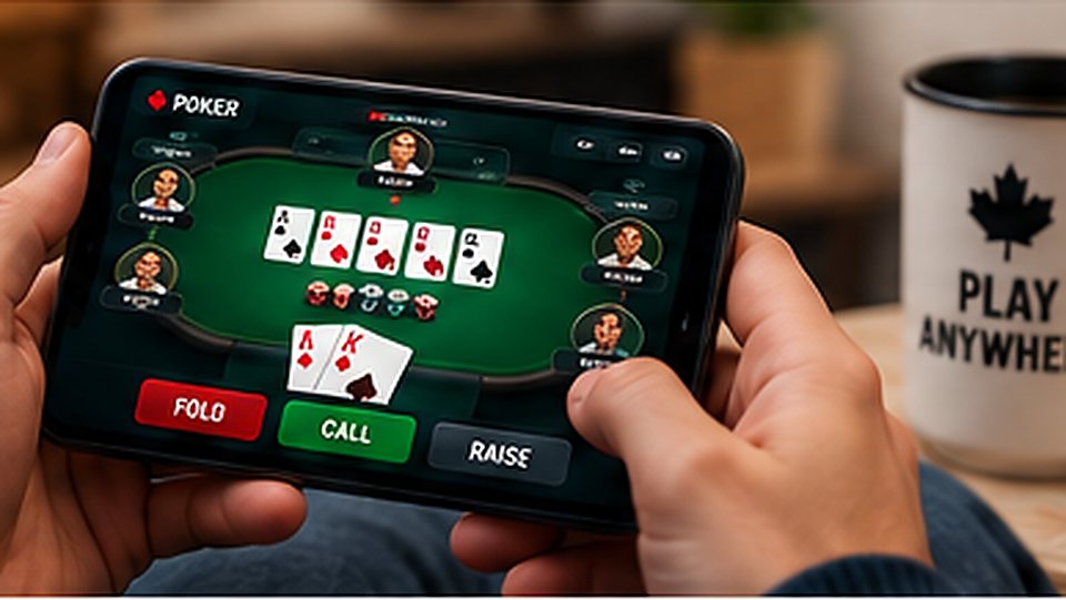 Online poker on a mobile device with a green virtual table and Canadian-themed surroundings