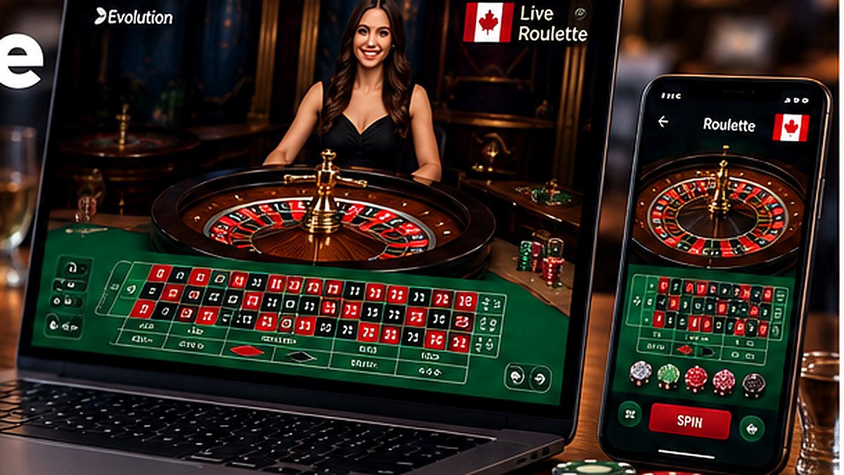 Online roulette on a laptop and mobile device in a Canadian-themed casino setting