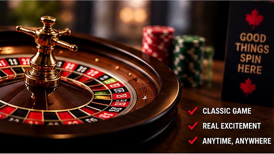 Close-up online roulette wheel with casino chips in a Canadian-themed setting
