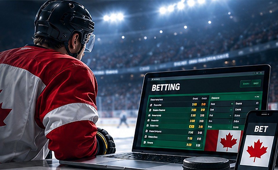 Canadian hockey fan reviewing an illustrative live betting market on a laptop at an arena