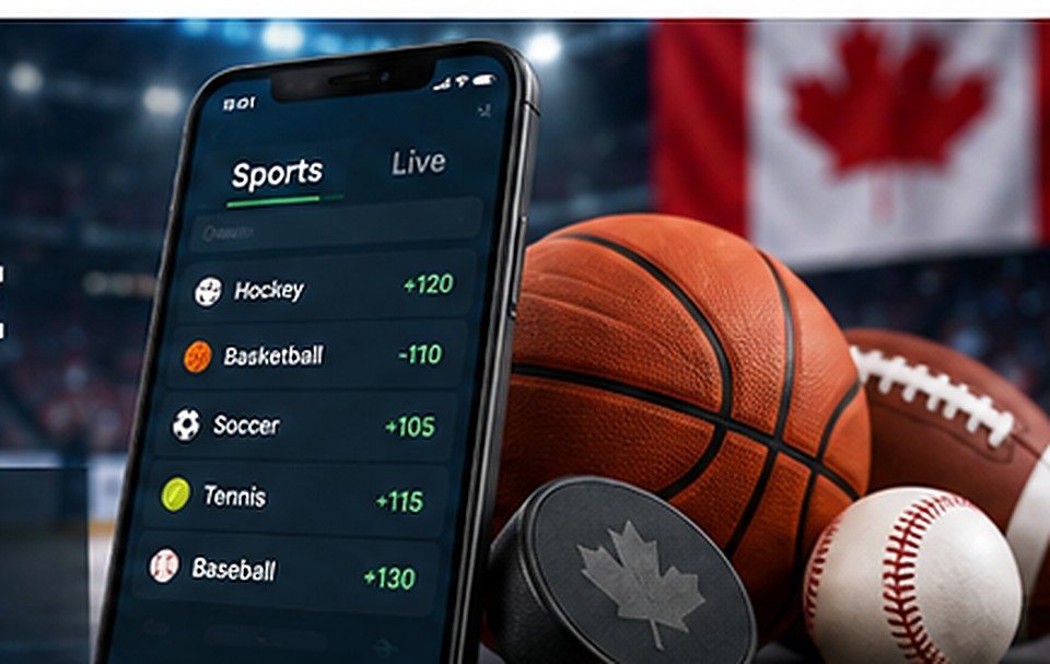 Sports odds analysis on a phone beside basketball, football, baseball and a Canadian-themed hockey puck