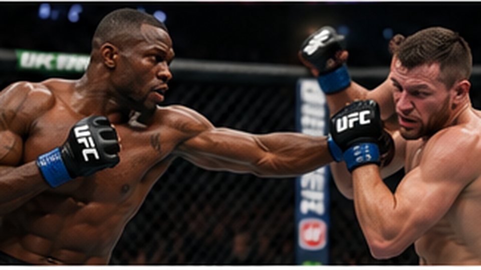 Two mixed martial arts fighters exchanging strikes inside a cage