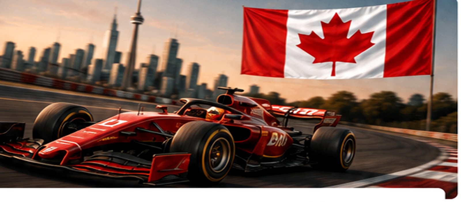 Formula-style open-wheel race car with a Canadian flag on a racing circuit
