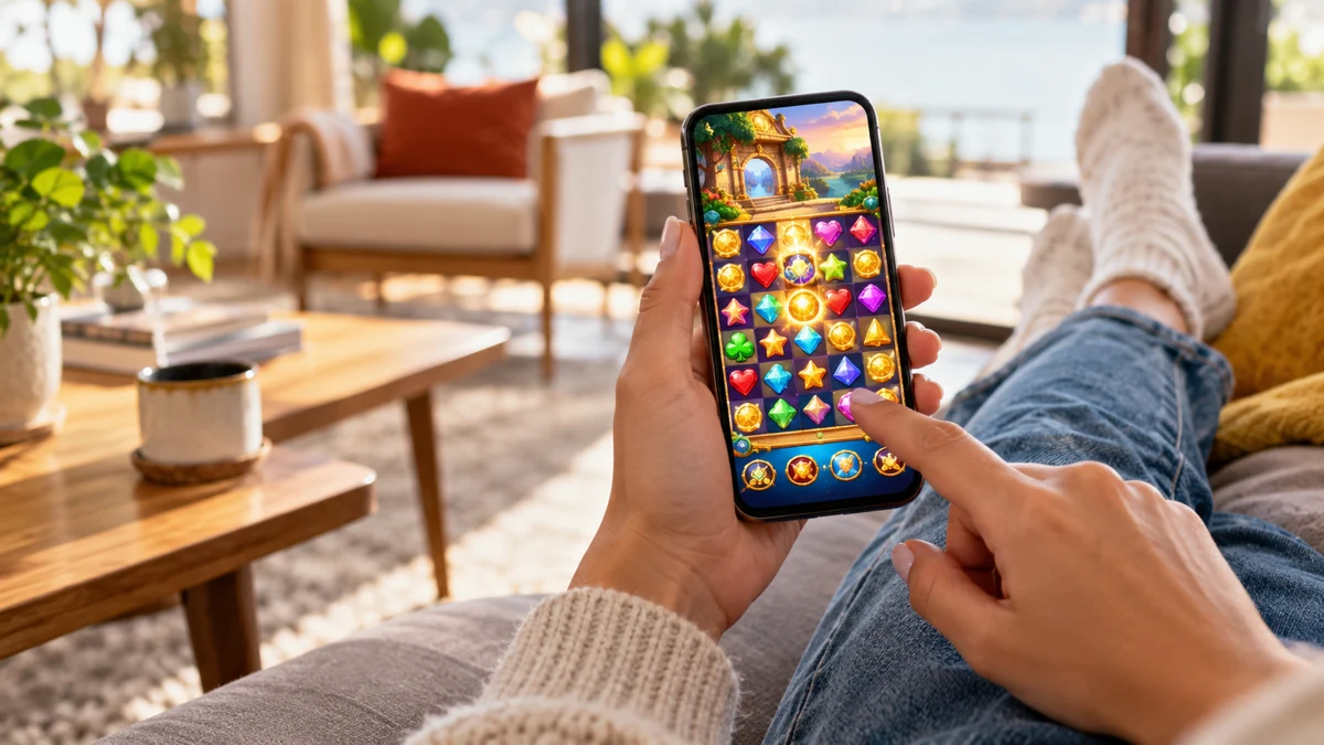 Adult holding a phone with a colourful casino-style mobile game