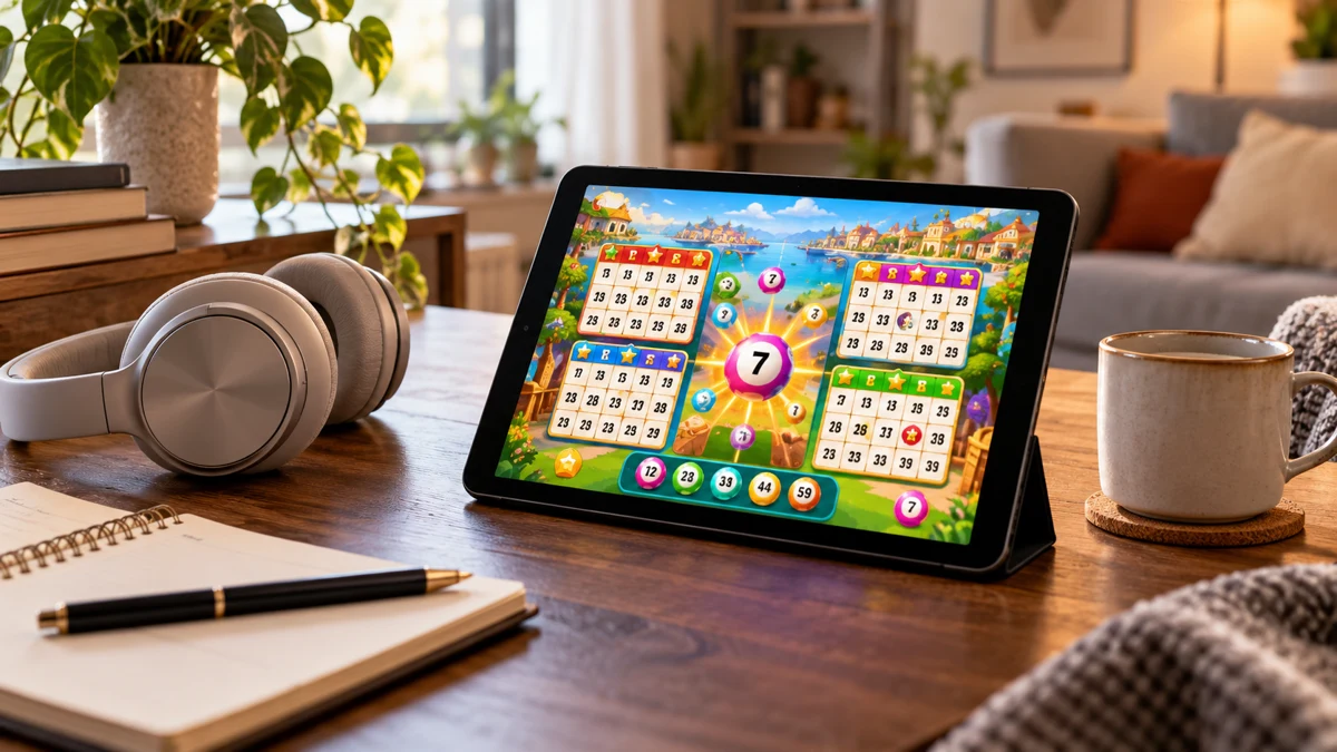 Tablet on a stand displaying a casual bingo-style game