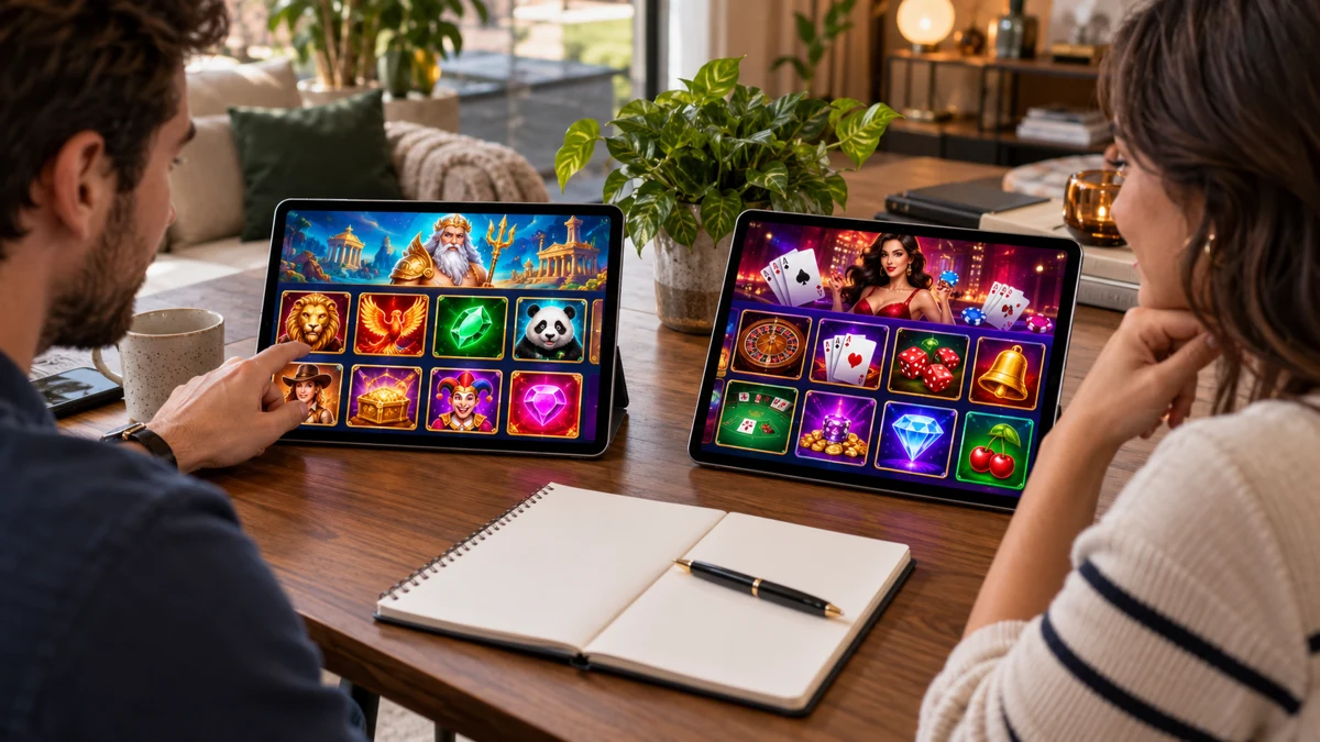 Two tablets with different game lobbies beside a comparison notebook