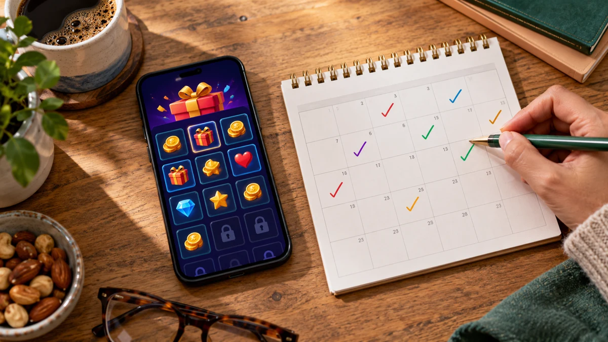 Phone showing a virtual daily reward grid beside a calendar