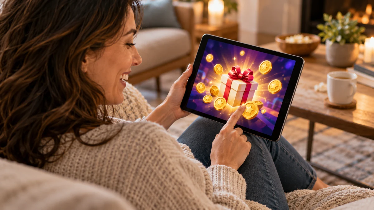 Tablet showing a virtual gift box and game coin reward