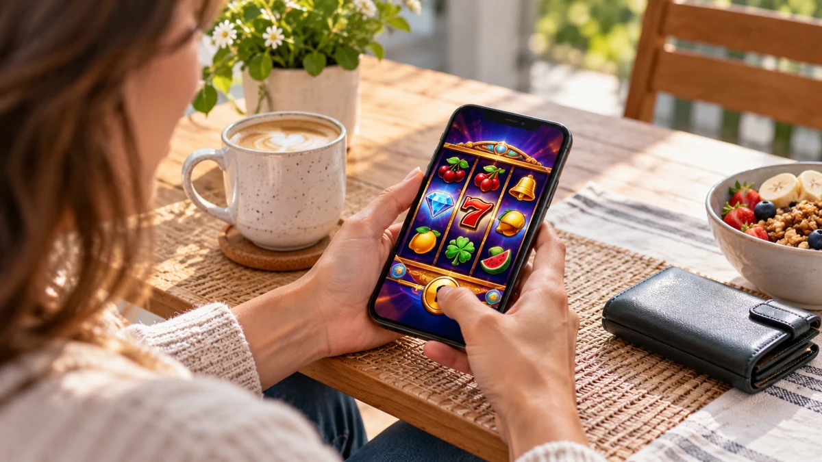 Phone with a virtual slot game beside coffee and a closed wallet