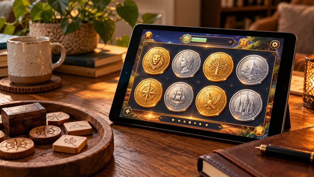 Tablet with a virtual coin collection screen beside wooden tokens