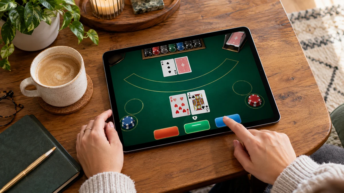 Tablet displaying a blackjack-style game beside playing cards