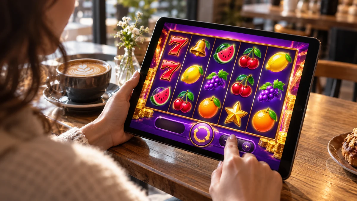 Tablet displaying a fruit-themed virtual slot game