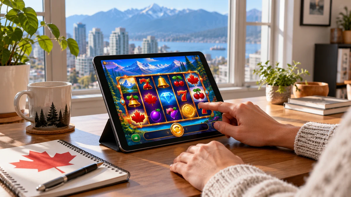 Tablet with a virtual slot game beside a maple leaf notebook