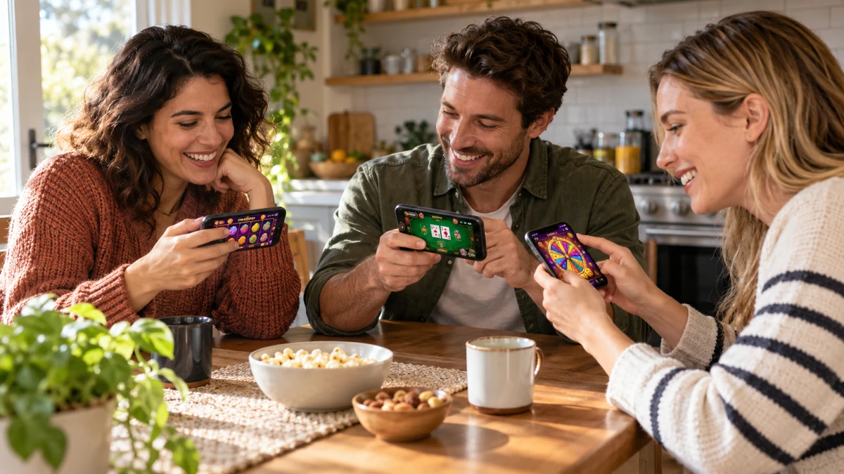Adults comparing casual games together at a kitchen table
