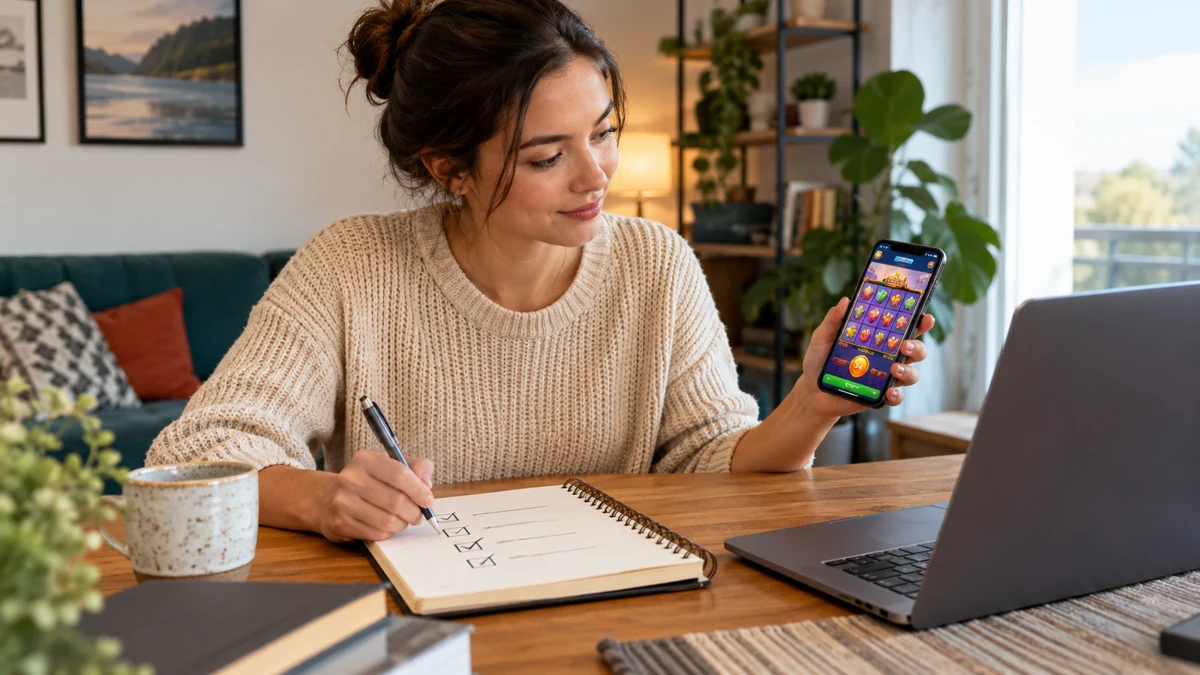 Adult comparing a game on a phone with notes and a laptop