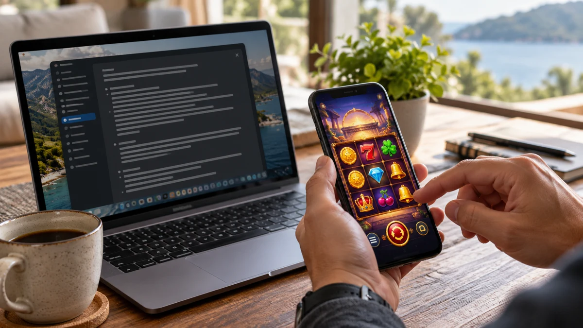 Laptop with a terms panel beside a phone showing a game