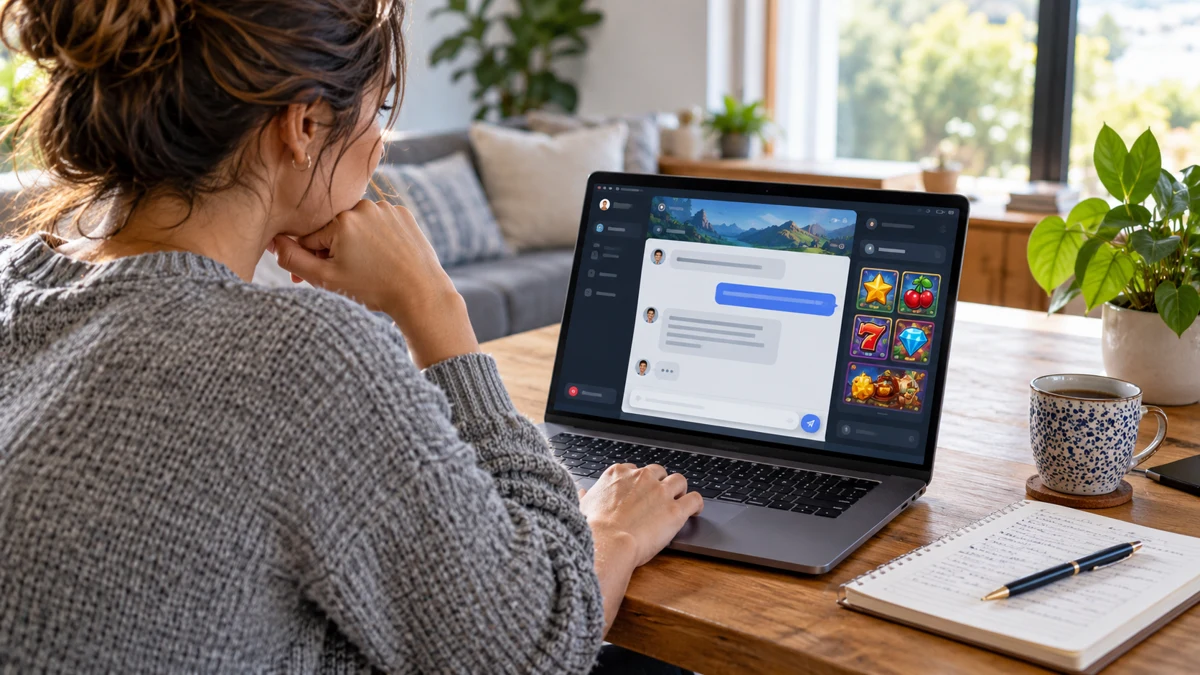 Laptop with a customer support chat beside a notebook